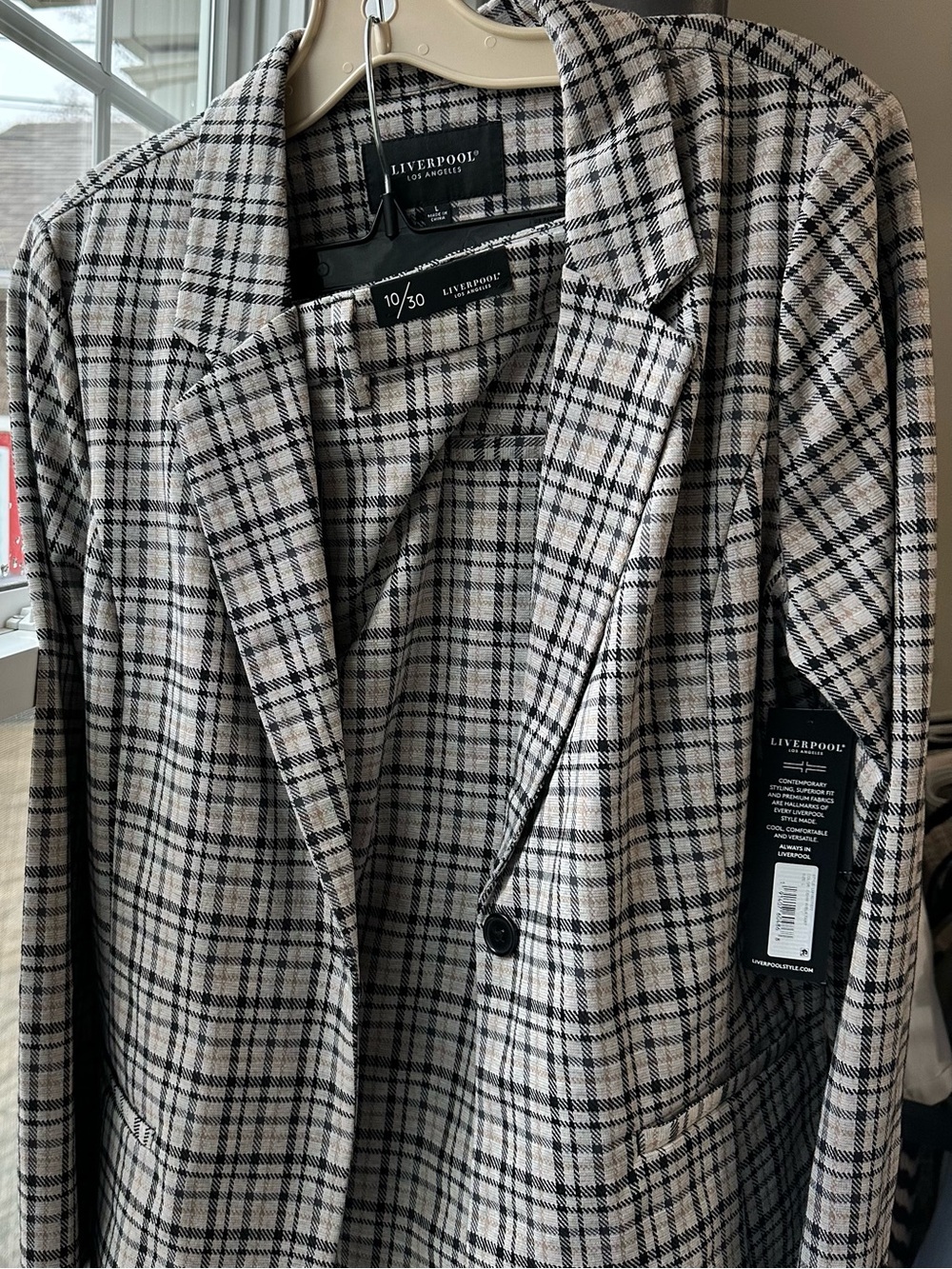 Sz L⭐️NWT Liverpool FW 2022 Cashew (beige) Plaid Tartan Blazer PTP 20”